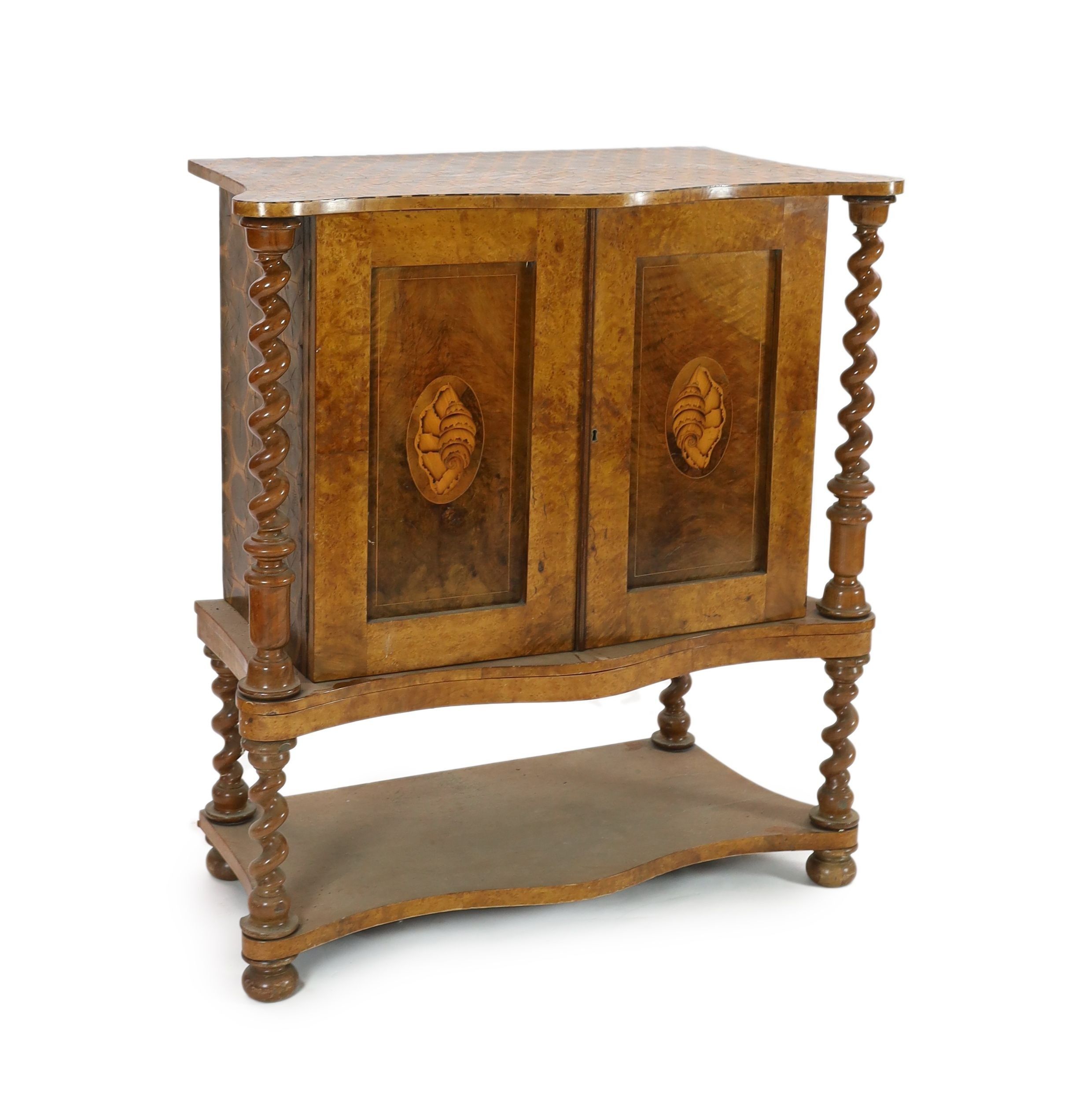 A 19th century Irish yew wood, oyster veneered and burr wood serpentine collector's cabinet, W.118cm D.57cm H.128cm